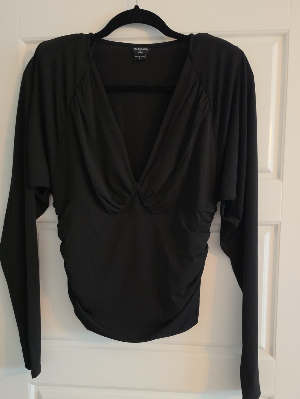 Marciano Black Ruched Deep V Long-Sleeve Top